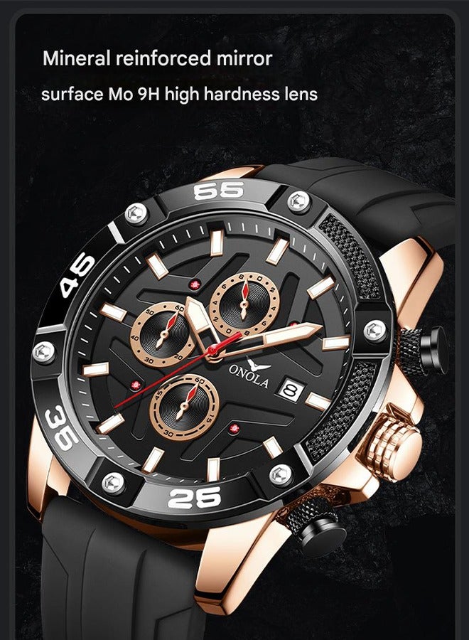ONOLA ​​ONOLA Men's Rose Black Quartz Watch - Waterproof Silicone Strap, 30M Water Resistance, Modern Minimalist Style, Ideal for Daily Commute, Business Casual & Social Occasions​​ - Image 2