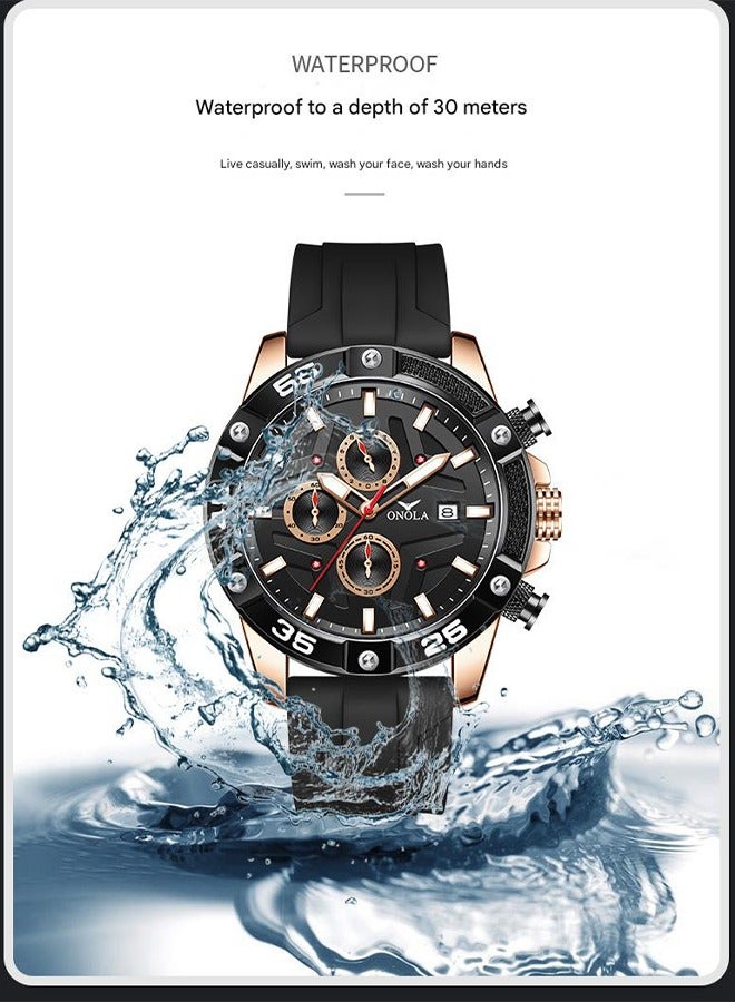 ONOLA ​​ONOLA Men's Rose Black Quartz Watch - Waterproof Silicone Strap, 30M Water Resistance, Modern Minimalist Style, Ideal for Daily Commute, Business Casual & Social Occasions​​ - Image 5