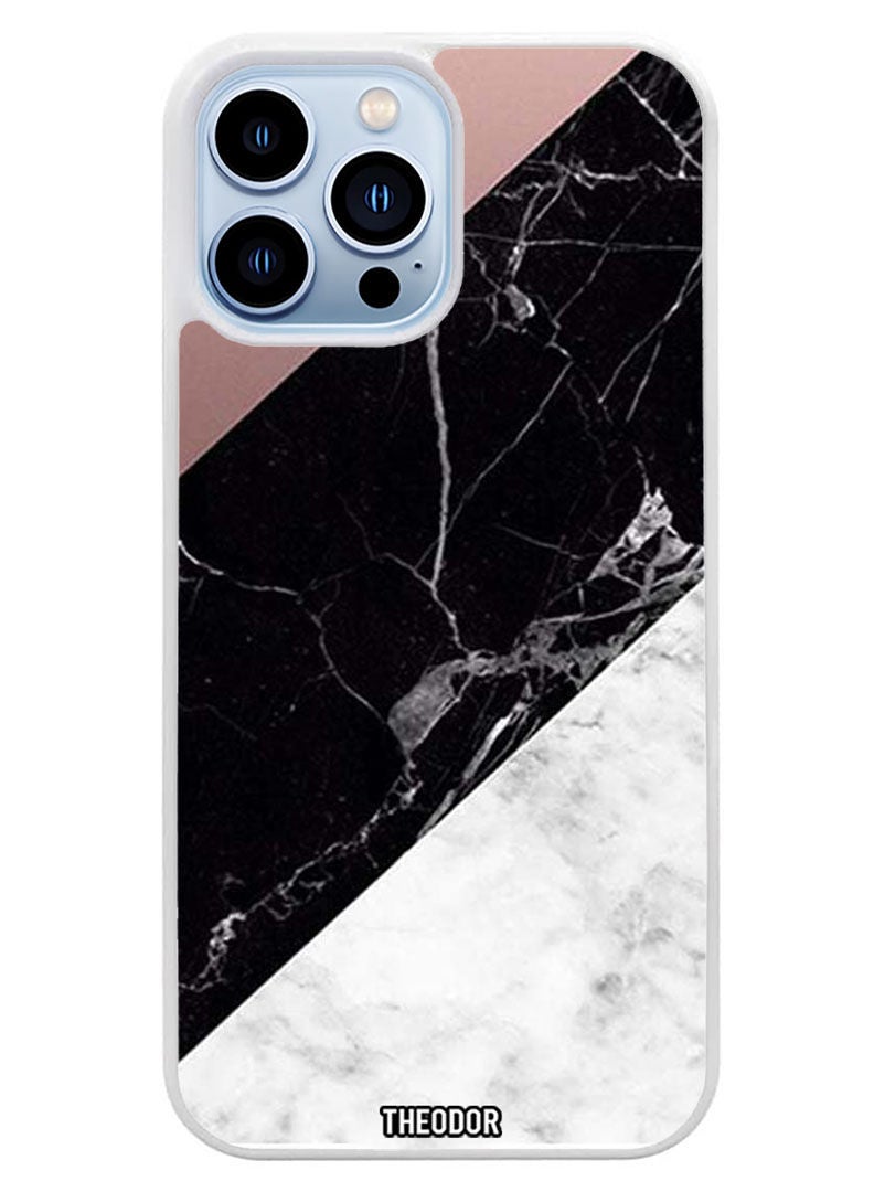 Theodor Protective Case Cover For APPLE IPHONE 14 Pro Hite & Black Marble Top Is Plain (White Bumper) - Image 1