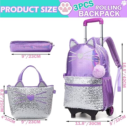 Meetbelify Cute Cat Rolling Backpack for Girls Backpacks with Wheels for Elementary Kindergarten Purple Roller Backpack on Wheels with Lunch Box Set for Girls 6-8 - Image 2