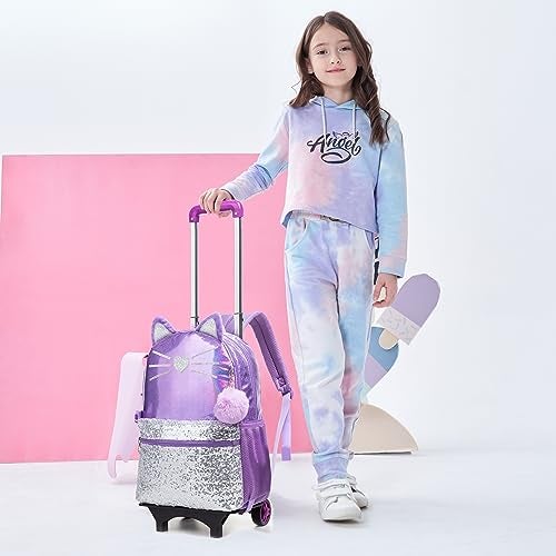 Meetbelify Cute Cat Rolling Backpack for Girls Backpacks with Wheels for Elementary Kindergarten Purple Roller Backpack on Wheels with Lunch Box Set for Girls 6-8 - Image 3