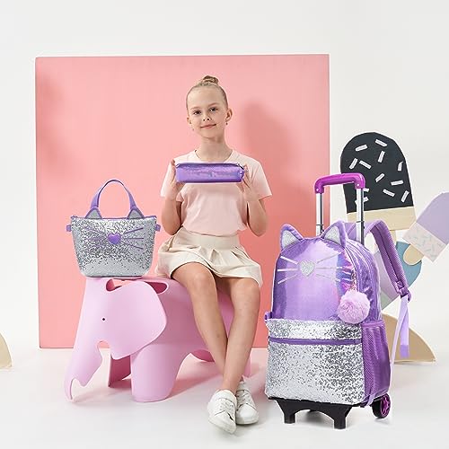 Meetbelify Cute Cat Rolling Backpack for Girls Backpacks with Wheels for Elementary Kindergarten Purple Roller Backpack on Wheels with Lunch Box Set for Girls 6-8 - Image 4
