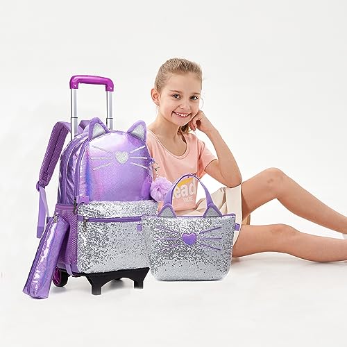 Meetbelify Cute Cat Rolling Backpack for Girls Backpacks with Wheels for Elementary Kindergarten Purple Roller Backpack on Wheels with Lunch Box Set for Girls 6-8 - Image 5