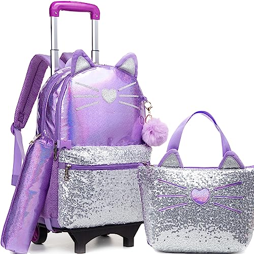 Meetbelify Cute Cat Rolling Backpack for Girls Backpacks with Wheels for Elementary Kindergarten Purple Roller Backpack on Wheels with Lunch Box Set for Girls 6-8 - Image 1
