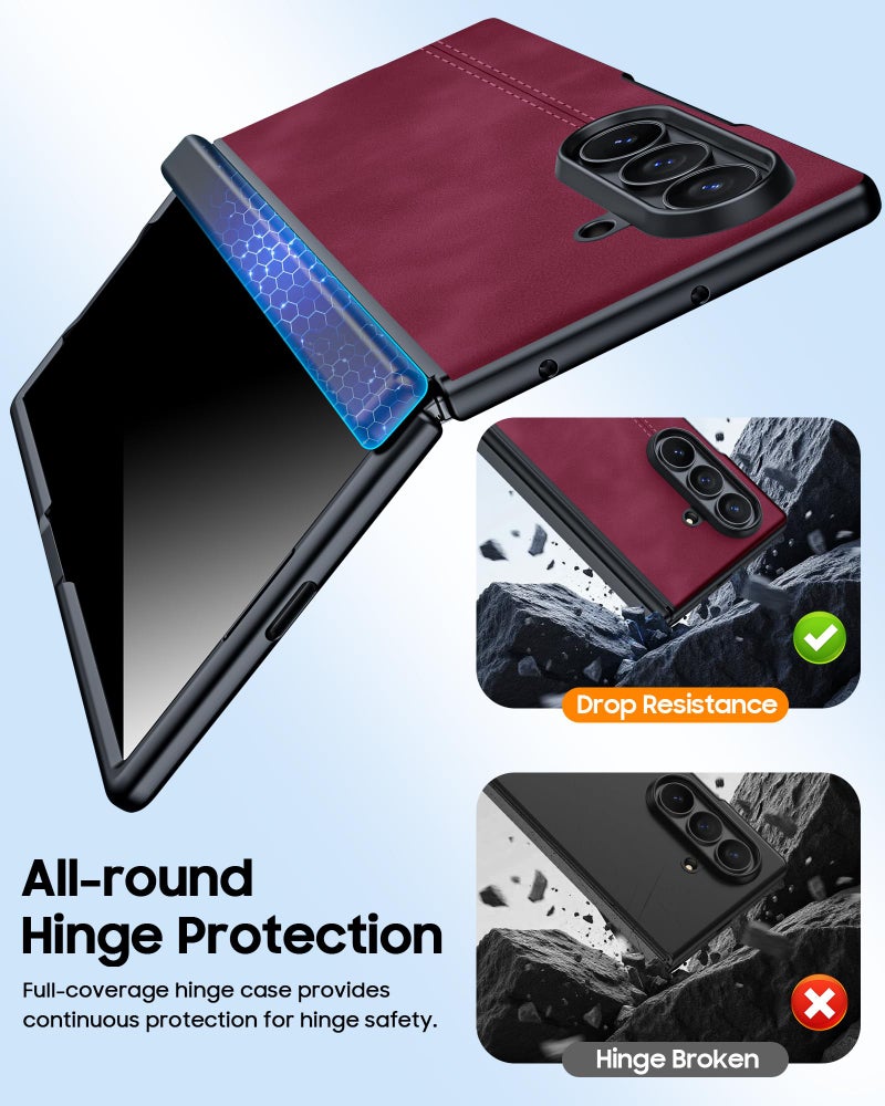 oupeigar for Samsung Galaxy Z Fold 7 Case with Privacy Screen Protector & Hinge Protection, Wireless Charging, Ultra Thin Stylish Leather Matte PC Durable Shockproof Cover Phone Case for Fold 7-Red - Image 4
