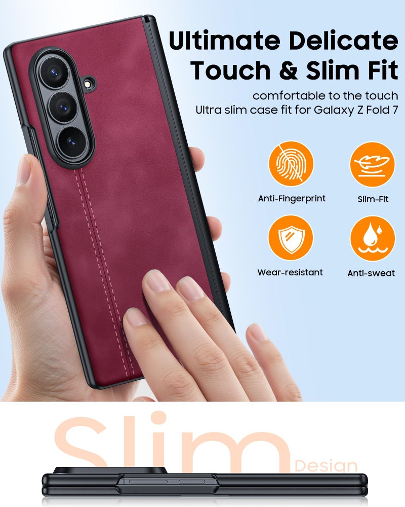 oupeigar for Samsung Galaxy Z Fold 7 Case with Privacy Screen Protector & Hinge Protection, Wireless Charging, Ultra Thin Stylish Leather Matte PC Durable Shockproof Cover Phone Case for Fold 7-Red - Image 5