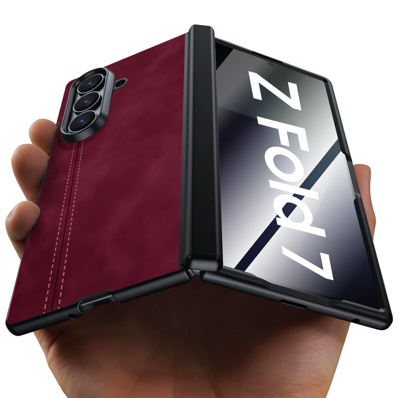oupeigar for Samsung Galaxy Z Fold 7 Case with Privacy Screen Protector & Hinge Protection, Wireless Charging, Ultra Thin Stylish Leather Matte PC Durable Shockproof Cover Phone Case for Fold 7-Red - Image 1