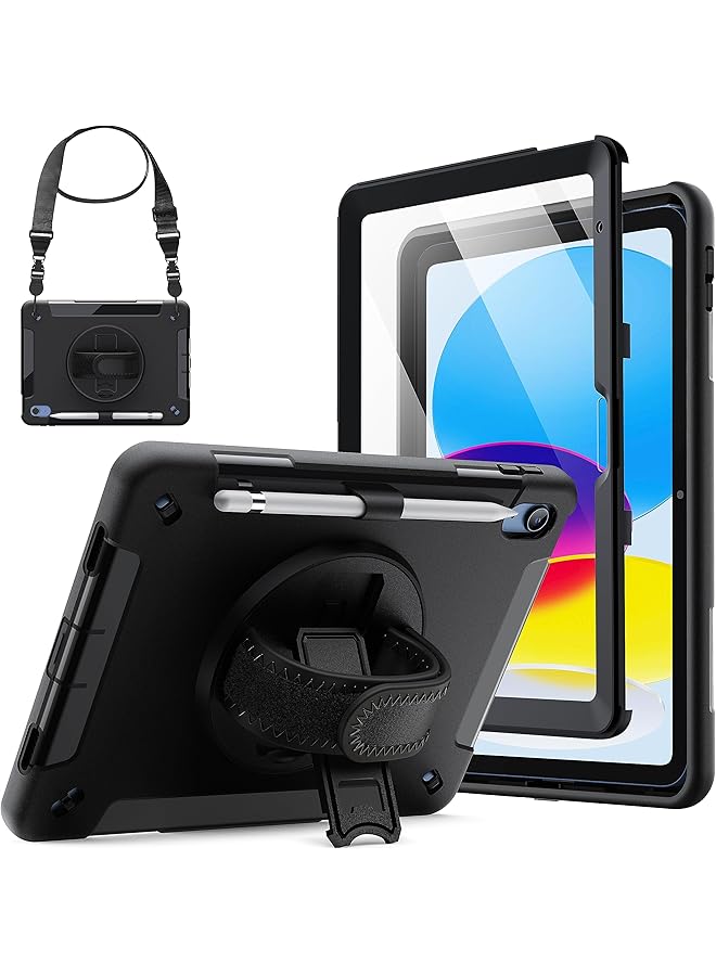 Jetech Case For Ipad 10 10.9-Inch 2022 Model 10Th Generation With Built-In Screen Protector Protective Shockproof Rugged Tablet Cover 360 Degree Rotating Hand Strap Stand Black - Image 1