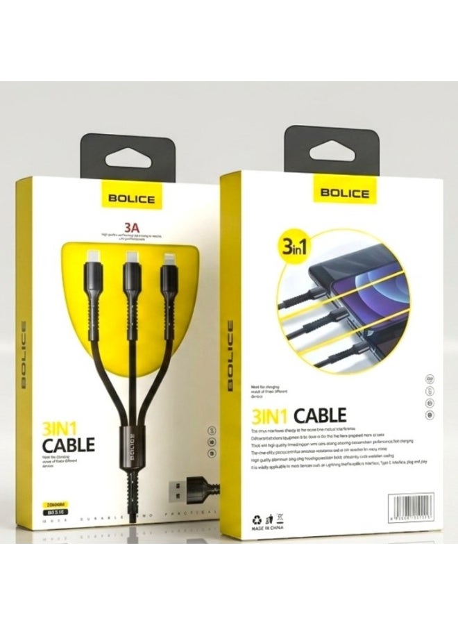 Bolice BO-C10 3-in-1 Fast Charging Cable, USB to Type-C, Lightning & Micro USB, 3A High Speed - Image 1