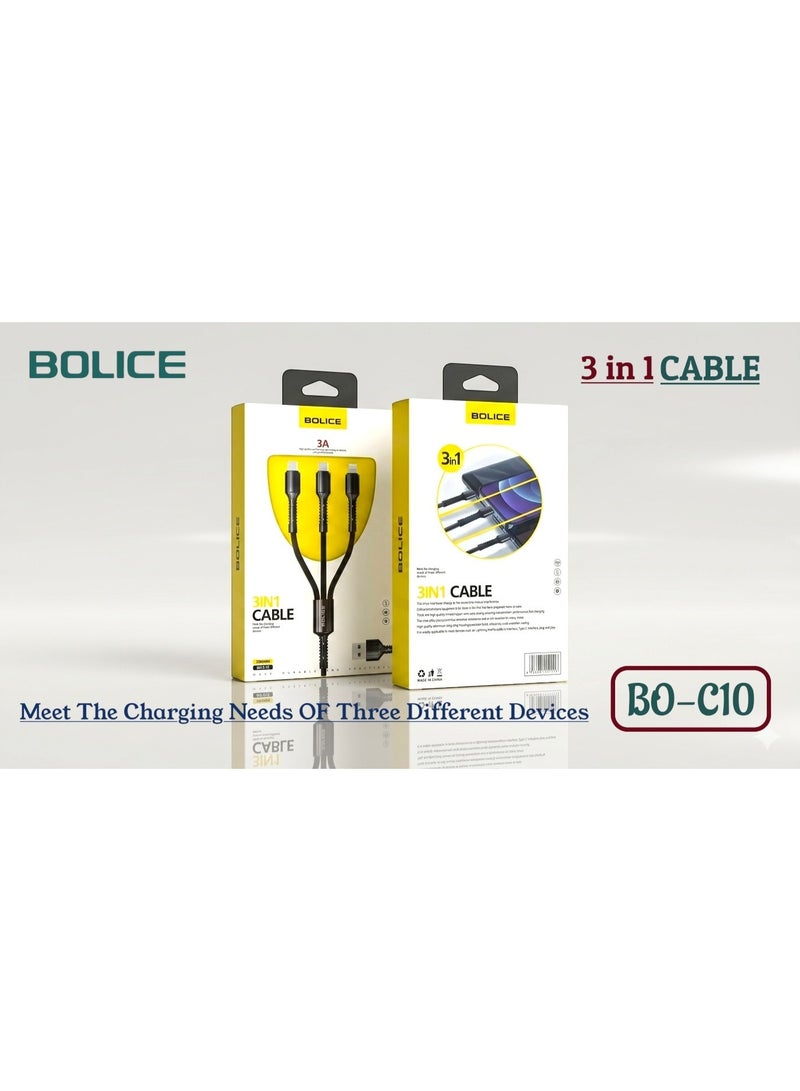 Bolice BO-C10 3-in-1 Fast Charging Cable, USB to Type-C, Lightning & Micro USB, 3A High Speed - Image 2
