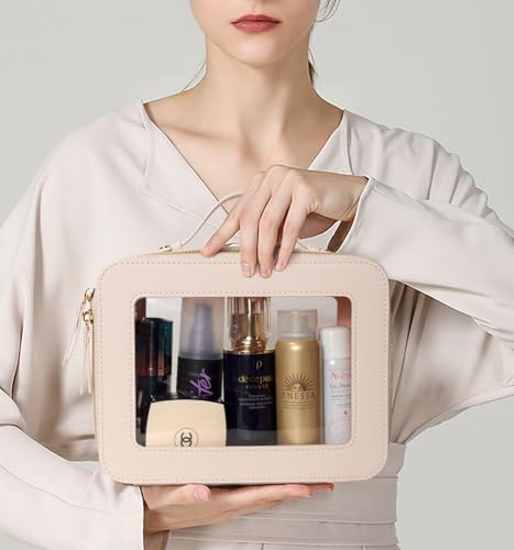 LETGO Clear Makeup Bag Organizer Travel Toiletry Bag Cosmetic Case for Women Portable Make Up Skincare Pouch Car Organizer Bag with Zippers for EssentialsLargeBeige - Image 3