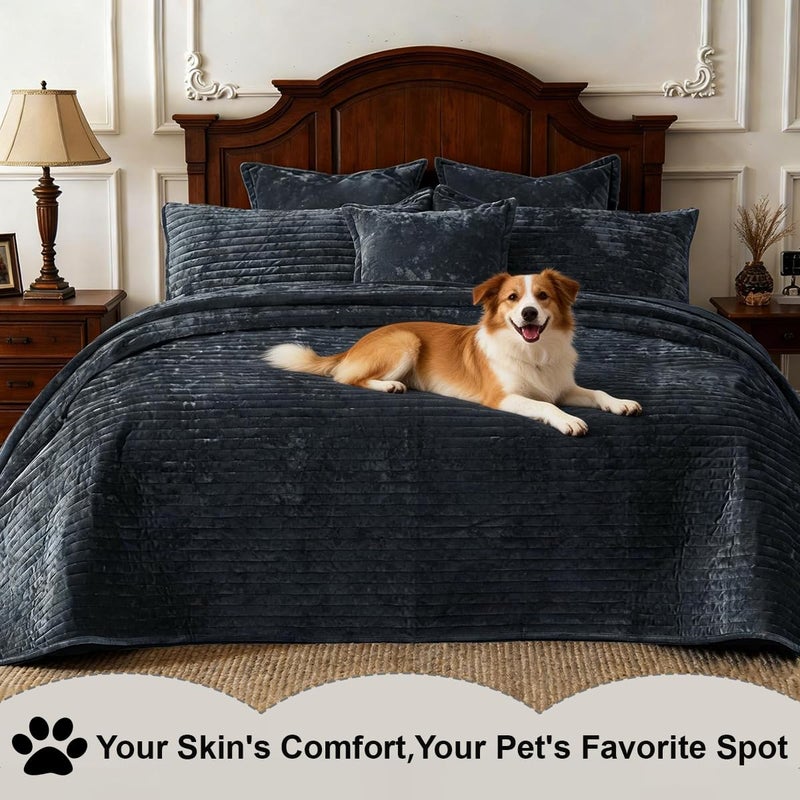 COCOPLOCEUS 3 Pieces Luxurious Velvet Oversized King Quilt Bedding Set 120x128 Striped Bedspread Coverlet Quilted Set with 2 Pillow Shams 20x36 Ultra Soft Comforter for All Season, Grey Blue - Image 3