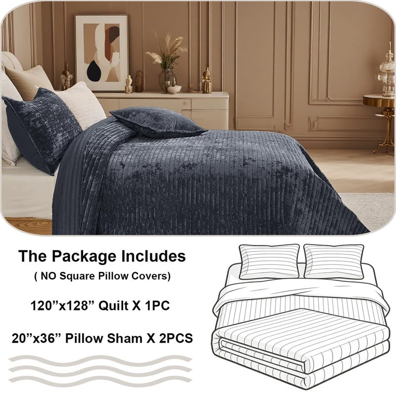 COCOPLOCEUS 3 Pieces Luxurious Velvet Oversized King Quilt Bedding Set 120x128 Striped Bedspread Coverlet Quilted Set with 2 Pillow Shams 20x36 Ultra Soft Comforter for All Season, Grey Blue - Image 5