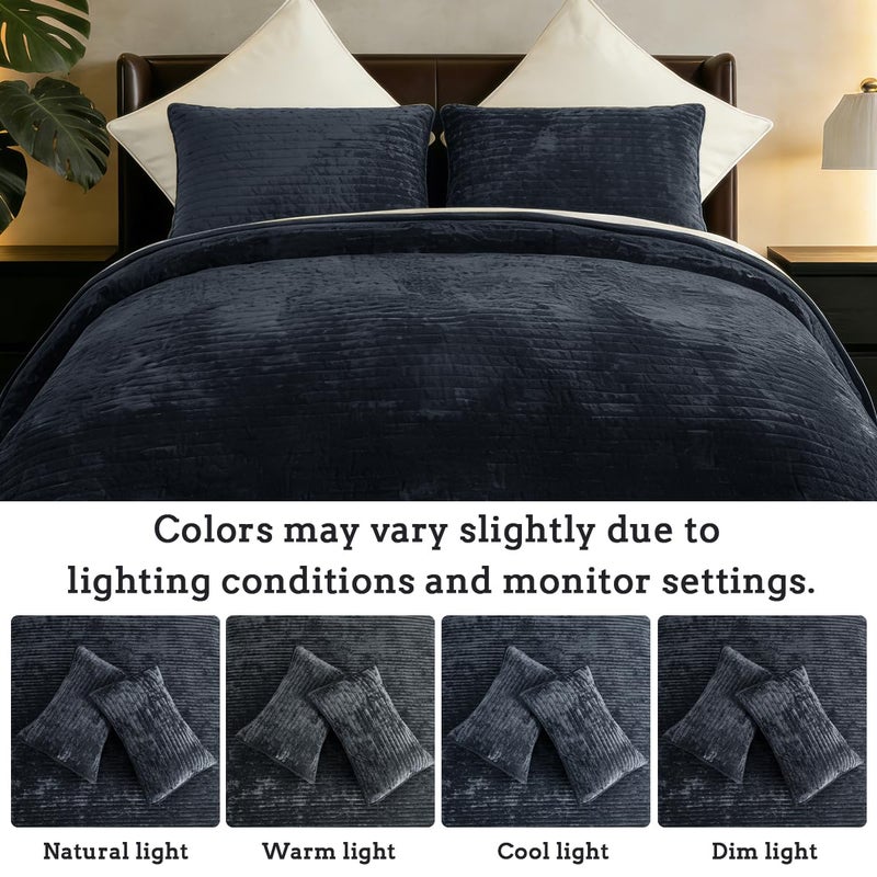 COCOPLOCEUS 3 Pieces Luxurious Velvet Oversized King Quilt Bedding Set 120x128 Striped Bedspread Coverlet Quilted Set with 2 Pillow Shams 20x36 Ultra Soft Comforter for All Season, Grey Blue - Image 2