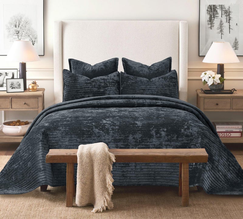 COCOPLOCEUS 3 Pieces Luxurious Velvet Oversized King Quilt Bedding Set 120x128 Striped Bedspread Coverlet Quilted Set with 2 Pillow Shams 20x36 Ultra Soft Comforter for All Season, Grey Blue - Image 4