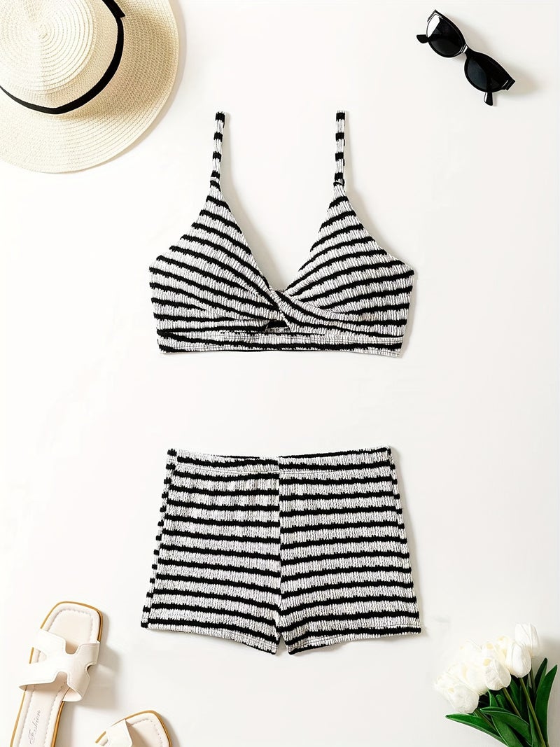 2025 Striped Neck Strap Bikini Lace-Up Spring Split Swimsuit - Image 5