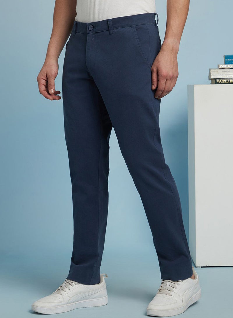 Dennis Lingo Men'S Denim Blue 100% Cotton Solid Pattern Chinos Straight Fit Trouser - Image 2