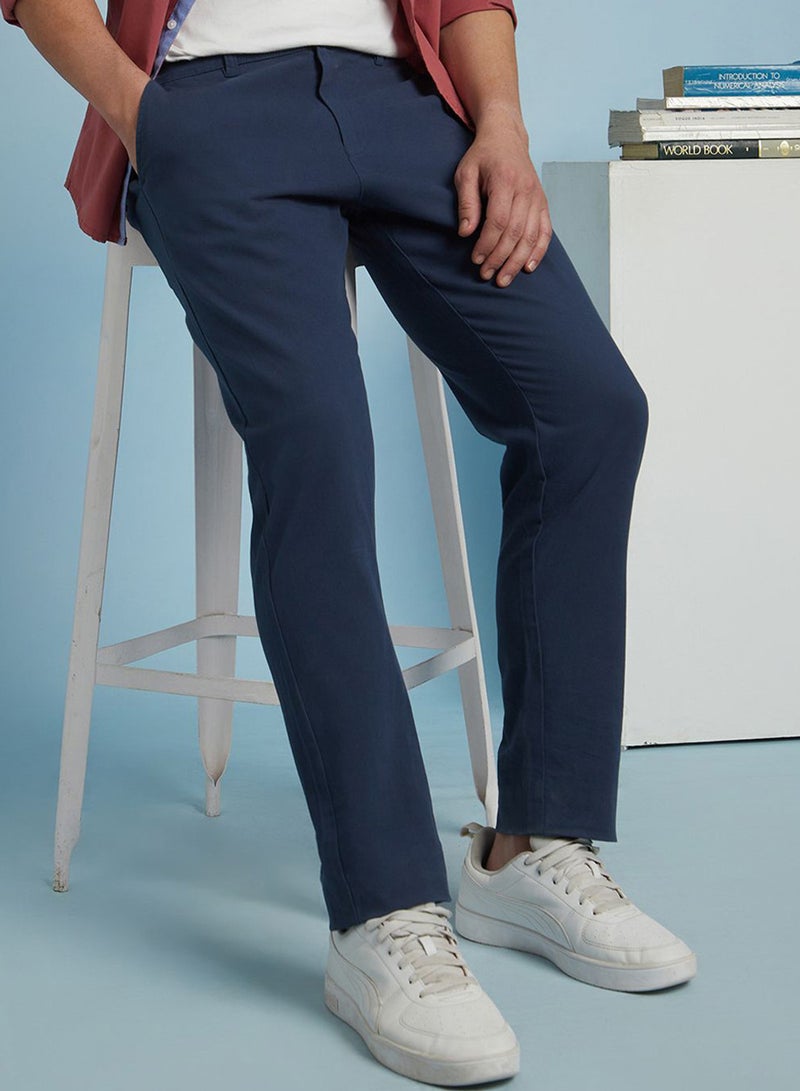 Dennis Lingo Men'S Denim Blue 100% Cotton Solid Pattern Chinos Straight Fit Trouser - Image 1