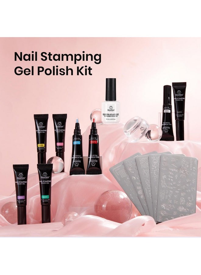 beetles Gel Polish - Beetles Nail Stamp Gel 16Pcs French Tip Nail Stamp Kit with 8 Colors Stamper Gel Polish, 5 Nail Stamping Templates, Scrapers, Liquid Latex & Short Silicone Stamper Valentine's Day Gift for Women - Image 1