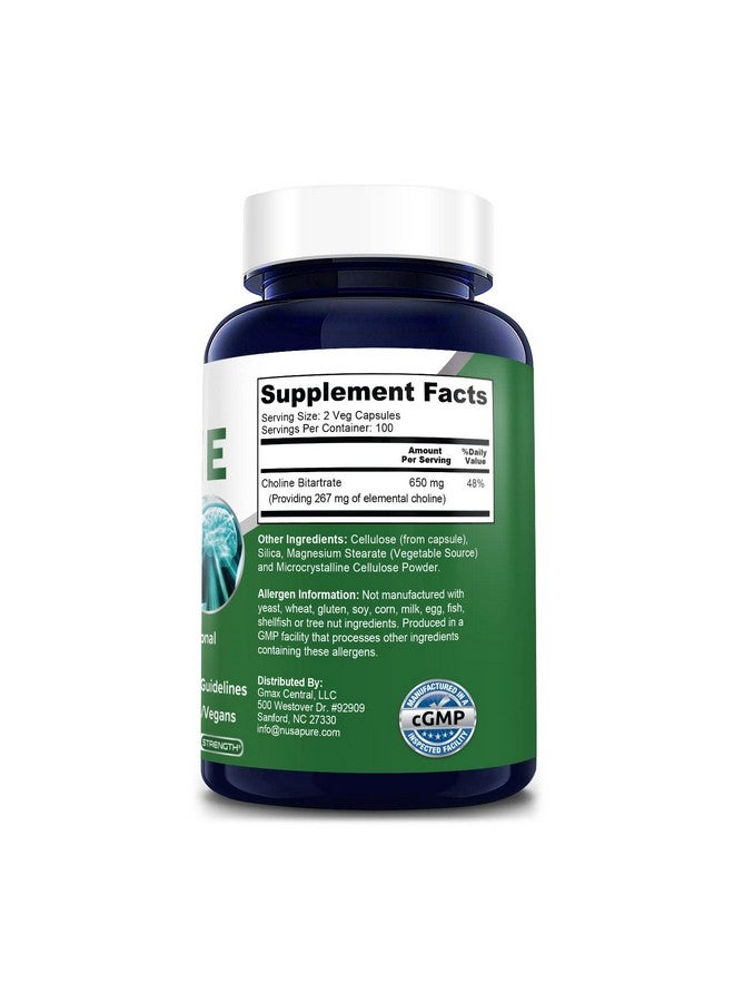 NusaPure Choline Bitartrate 650 Mg.200 Veggie Capsules (Vegetarian Nongmo & Glutenfree) - Image 3