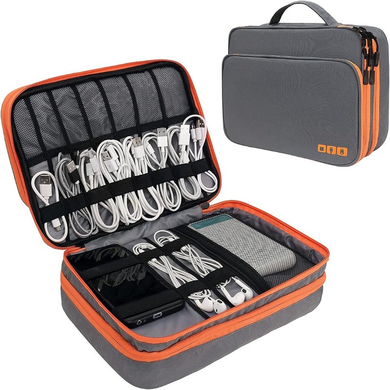 Gocokia Travel Cable Organizer Bag, 3 Layer X-Large Capacity Electronics Accessories Cord Storage Case Bag for Cables, SD Card,Chargers, Power Bank, Cellphone,Tablet, Grey, X-Large - Image 1