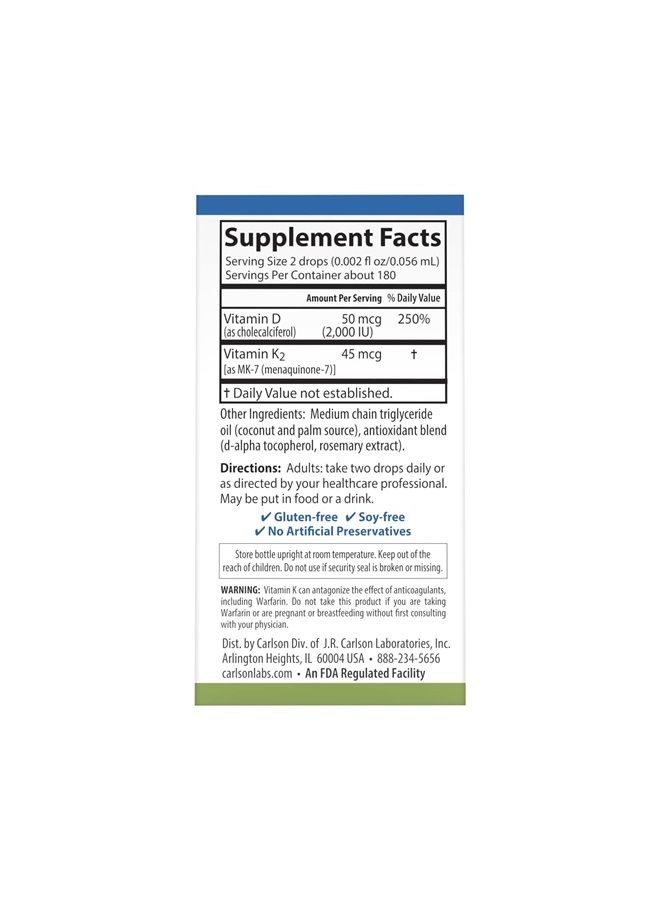 Carlson سوبر ديلي D3 + K2، 50 ميكروغرام D3 + 45 ميكروغرام MK-7، صحة القلب والعظام، 360 قطرات سائلة، 10.16 مل - Image 3
