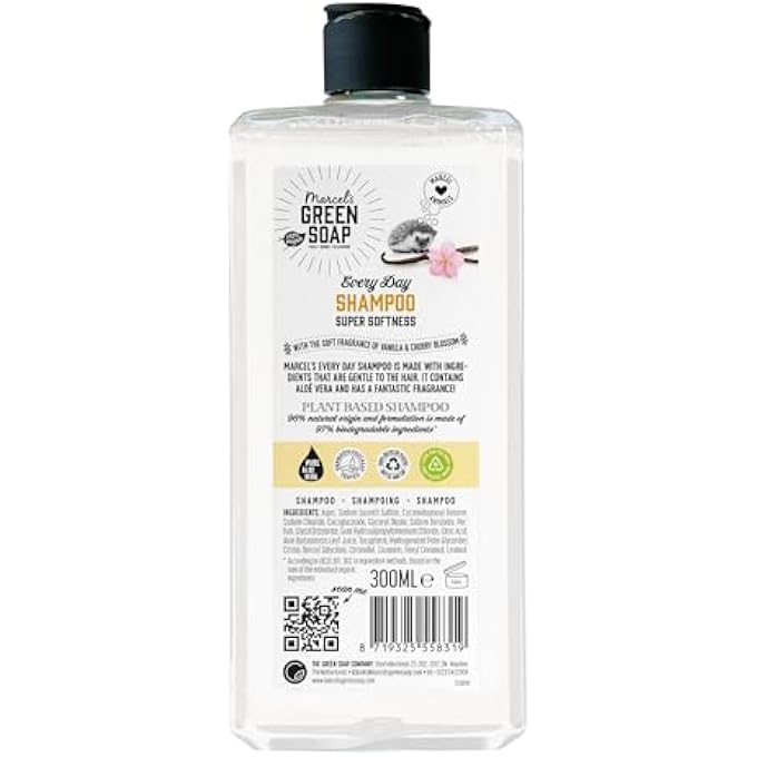 SHAMPOO - VANILLA & CHERRY BLOSSOM SCENT, ENRICHED WITH NATURAL OILS, 97% NATURAL, 98% BIODEGRADABLE, VEGAN, 300 ML - GENTLE CARE FOR HAIR & PLANET - Image 3
