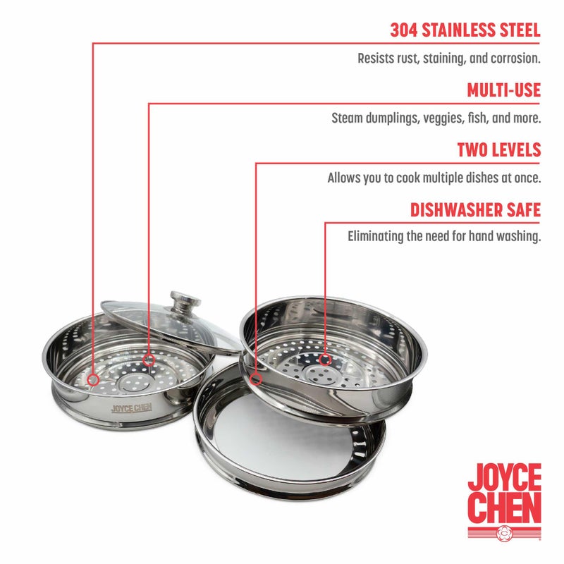 Joyce Chen 10-Inch Stainless Steel Two-Tier Steamer with Glass Lid & Wok Adapter Ring, 304 Stainless Steel, Dishwasher Safe - Image 2