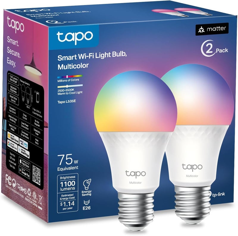 tapo TP-Link Tapo Smart Light Bulbs, 1100 Lumens High Brightness (75W Equivalent), Matter-Certified, 16M Colors WiFi Light Bulb, Dimmable, Works w/Siri, Alexa & Google Home, A19 E26, Tapo L535E(2-Pack) - Image 1
