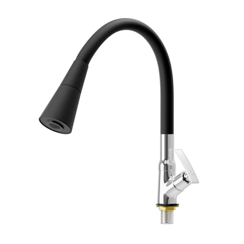 Pixaflo Brass Swan Neck Tap with 360-degree Swivel Black Flexible Silicone Swivel Spout for Kitchen Sink and Wash Basin, Dual Flow (Moonstone) - Image 1