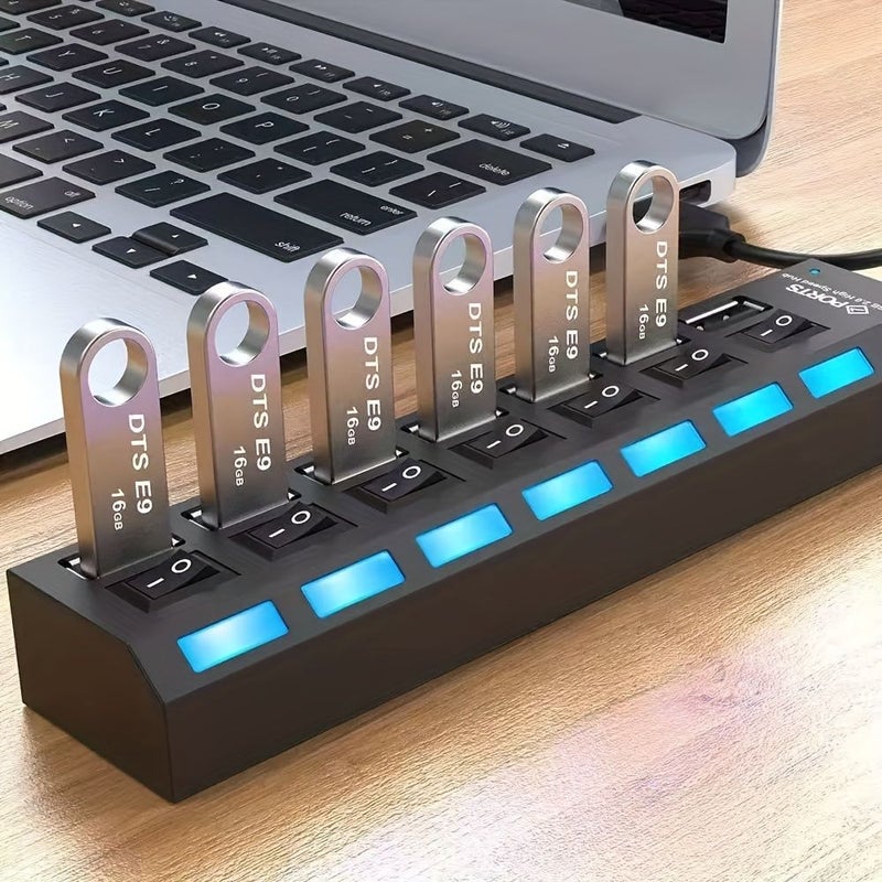موزع USB 2.0 أسود بـ 7 منافذ مع مفاتيح فردية ومؤشر LED للأقراص الصلبة الخارجية لأجهزة الكمبيوتر المحمولة والمكتبية، سرعة عالية 480 ميجابت في الثانية، قاعدة توسيع. - Image 1