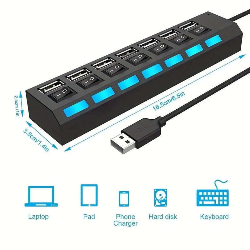 موزع USB 2.0 أسود بـ 7 منافذ مع مفاتيح فردية ومؤشر LED للأقراص الصلبة الخارجية لأجهزة الكمبيوتر المحمولة والمكتبية، سرعة عالية 480 ميجابت في الثانية، قاعدة توسيع. - Image 2