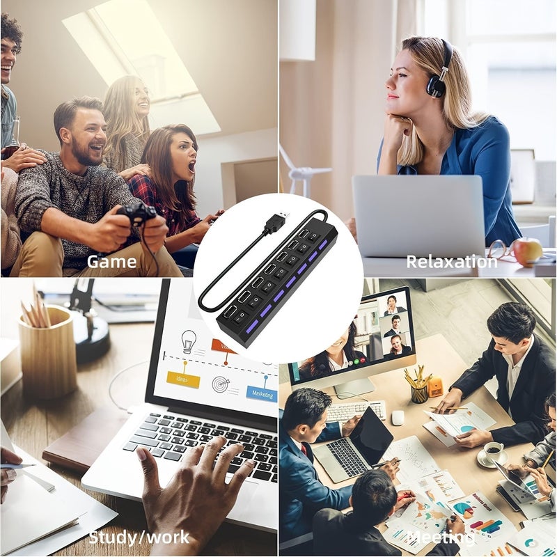 موزع USB 2.0 أسود بـ 7 منافذ مع مفاتيح فردية ومؤشر LED للأقراص الصلبة الخارجية لأجهزة الكمبيوتر المحمولة والمكتبية، سرعة عالية 480 ميجابت في الثانية، قاعدة توسيع. - Image 5