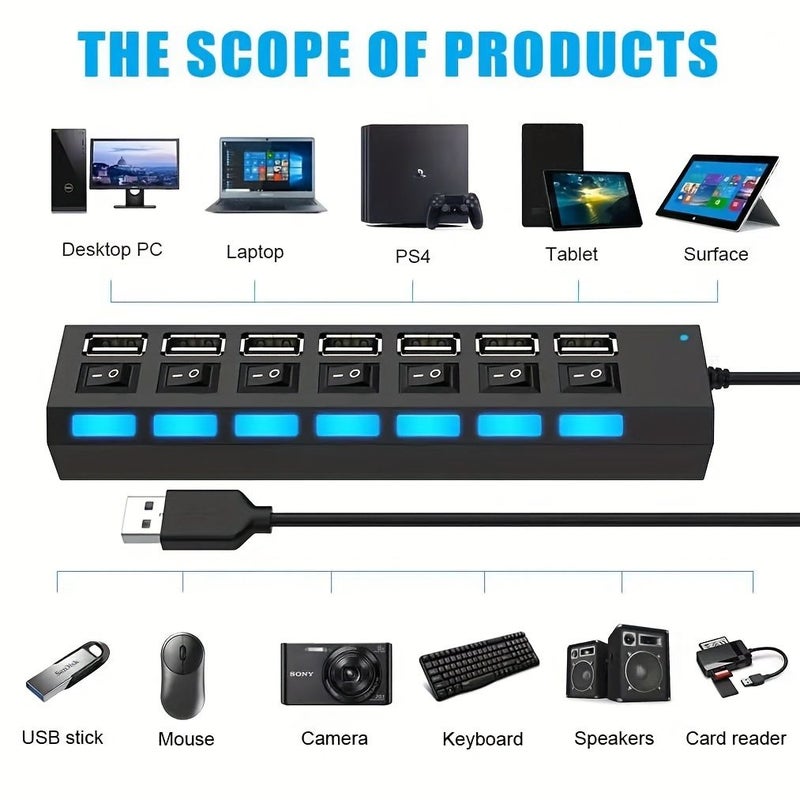 موزع USB 2.0 أسود بـ 7 منافذ مع مفاتيح فردية ومؤشر LED للأقراص الصلبة الخارجية لأجهزة الكمبيوتر المحمولة والمكتبية، سرعة عالية 480 ميجابت في الثانية، قاعدة توسيع. - Image 4