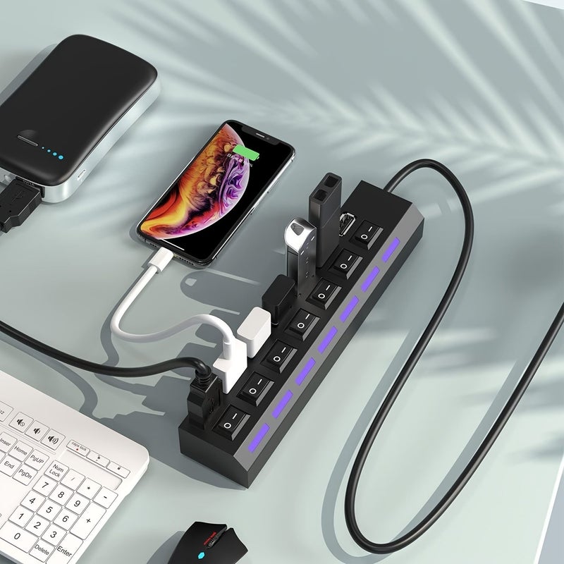 موزع USB 2.0 أسود بـ 7 منافذ مع مفاتيح فردية ومؤشر LED للأقراص الصلبة الخارجية لأجهزة الكمبيوتر المحمولة والمكتبية، سرعة عالية 480 ميجابت في الثانية، قاعدة توسيع. - Image 3