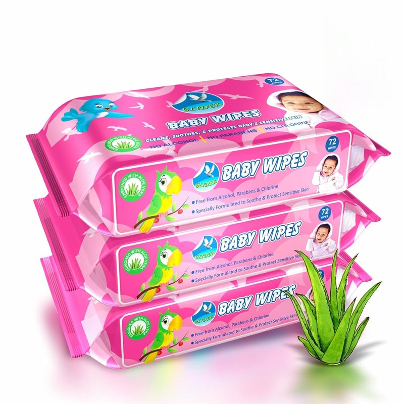 GLIDER Baby Wipes with Aloe-Vera, Vitamin E & Mild Fragrance (Pack of 3 (216 Wipes)) - Image 1