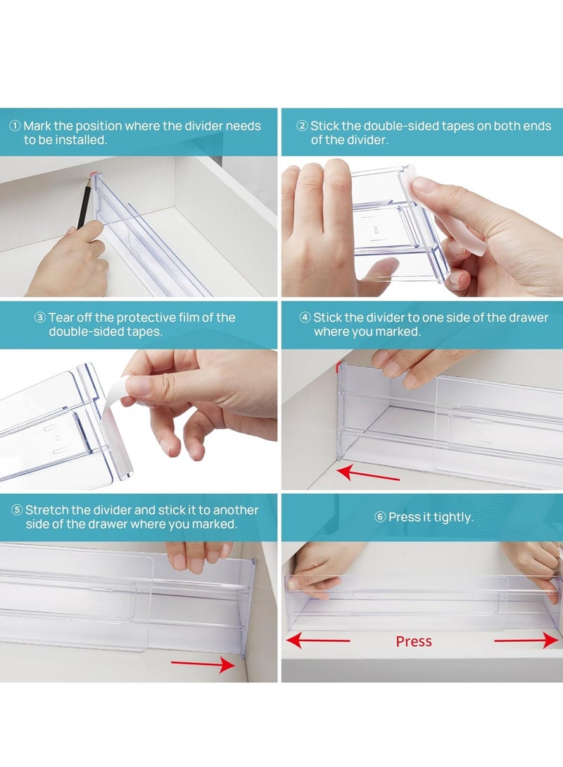 MIXDE Drawer Dividers Organizers 4 Pack, Adjustable 8CM High Expandable from 27.5-52CM Kitchen Drawer Organizer, Clear Plastic Drawers Separators for Clothing, Installed by Double-sided Tape  - Image 3