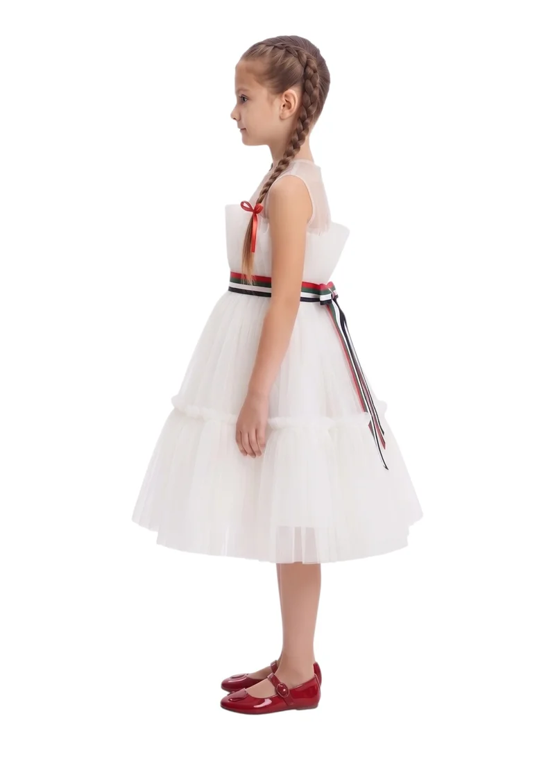 دىدانيالا Girls White Pleated Tulle Occasion Dress with Removable UAE Flag Belt