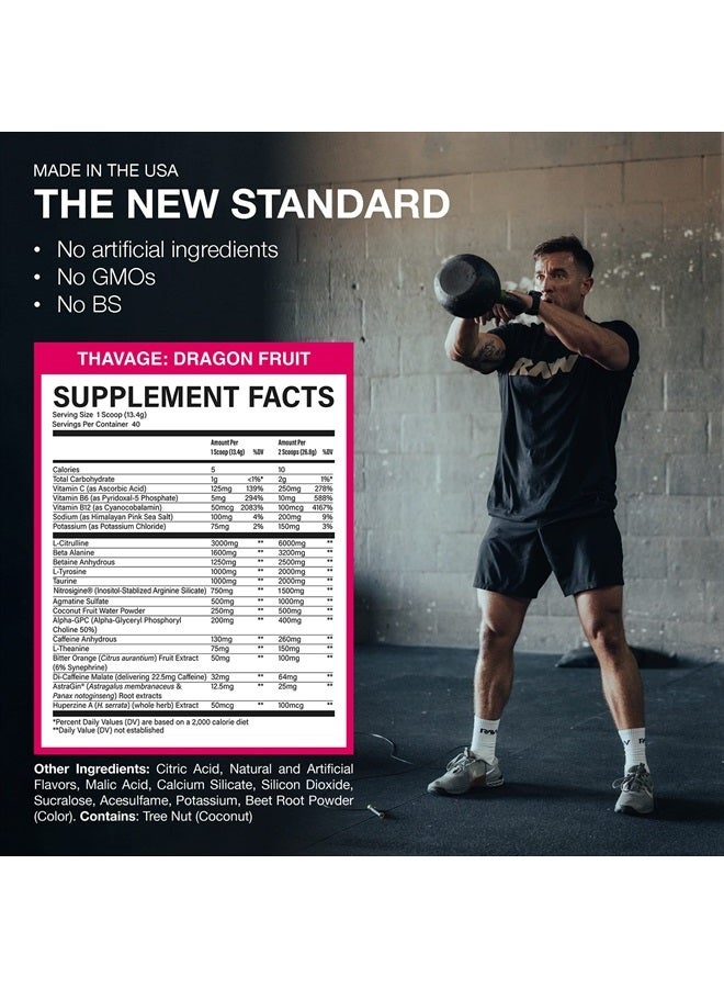 Preworkout Powder, Thavage (Dragon Fruit) - Chris Bumstead Sports Nutrition Supplement for Men & Women - Cbum Pre Workout for Working Out, Hydration, Mental Focus & Energy - 40 Servings