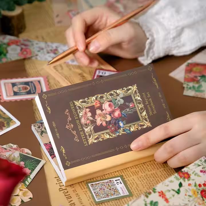 GDNK Scrapbooking Supplies Scrapebook Kit Vintage Food Diary Aesthetic Scrapbook Kit for Junk Journal Stationery Bullet A6 Grid Notebook DIY Scrapbook Birthday Gift scrapbooking kit Photo Album (Brown Flower) - Image 4