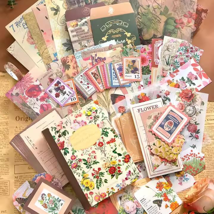 GDNK Scrapbooking Supplies Scrapebook Kit Vintage Food Diary Aesthetic Scrapbook Kit for Junk Journal Stationery Bullet A6 Grid Notebook DIY Scrapbook Birthday Gift scrapbooking kit Photo Album (Brown Flower) - Image 3