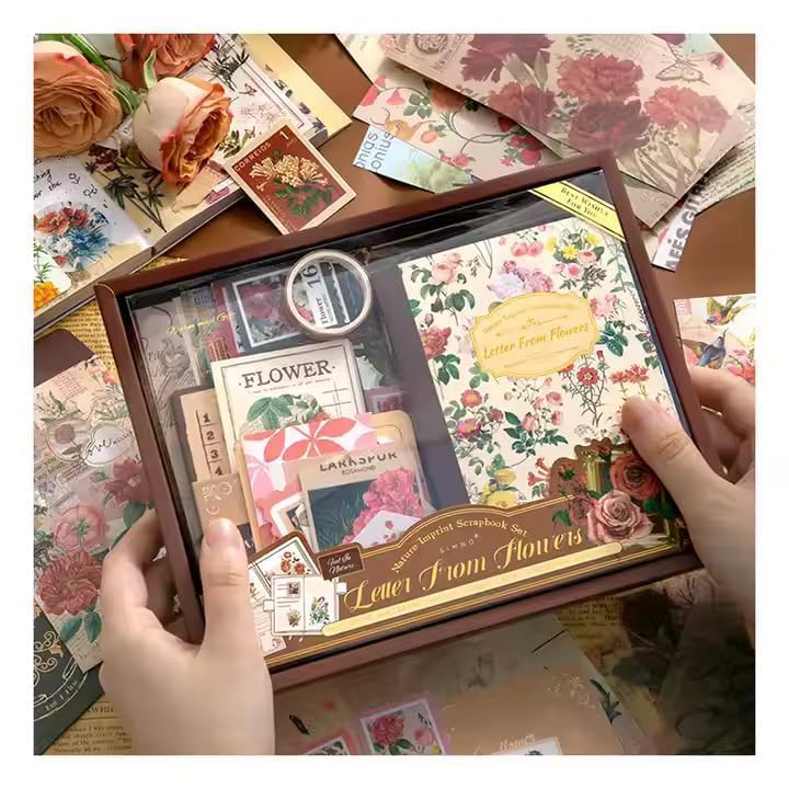GDNK Scrapbooking Supplies Scrapebook Kit Vintage Food Diary Aesthetic Scrapbook Kit for Junk Journal Stationery Bullet A6 Grid Notebook DIY Scrapbook Birthday Gift scrapbooking kit Photo Album (Brown Flower) - Image 1