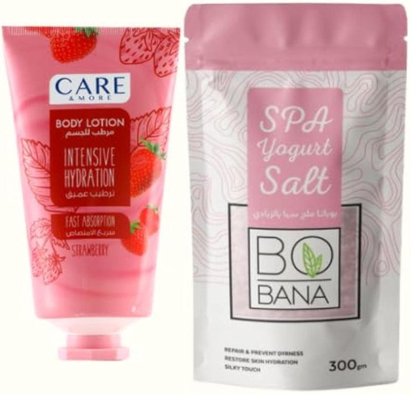 Bobana Yogurt Spa Salt 300ml + Care & More Strawberry Body Lotion 150ml Skincare Set