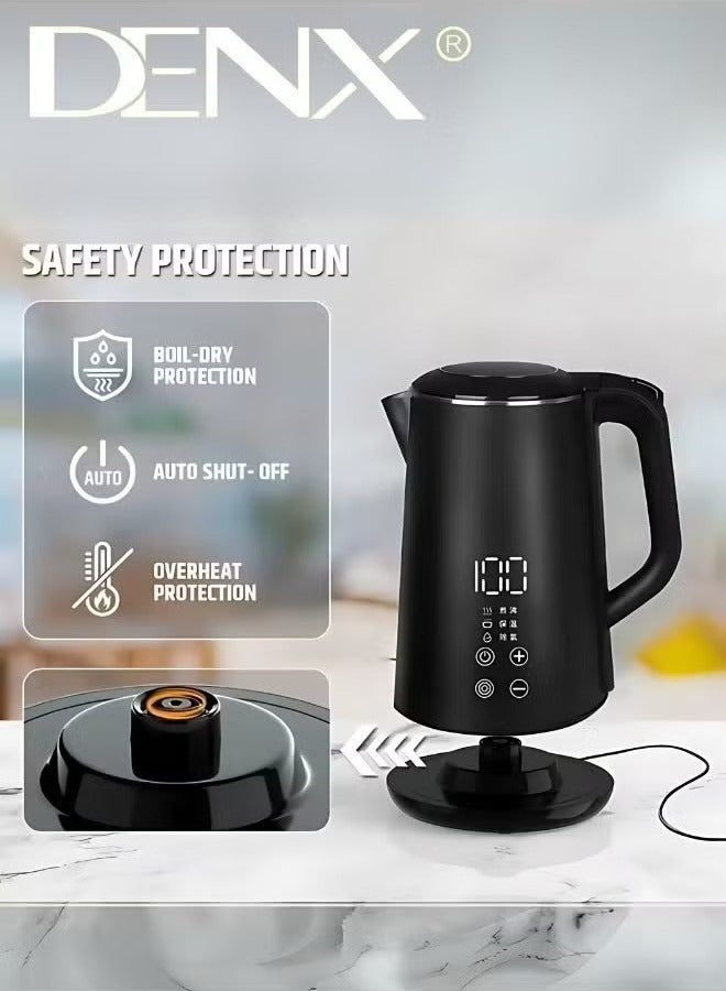 Denx 1.6L Stainless Steel Kettle, Mini Kettle, Set Temperature to 45°C-100°C, Auto Shut-Off, Dry Boil Protection, Overheat Protection, 1500W, Black - Image 3