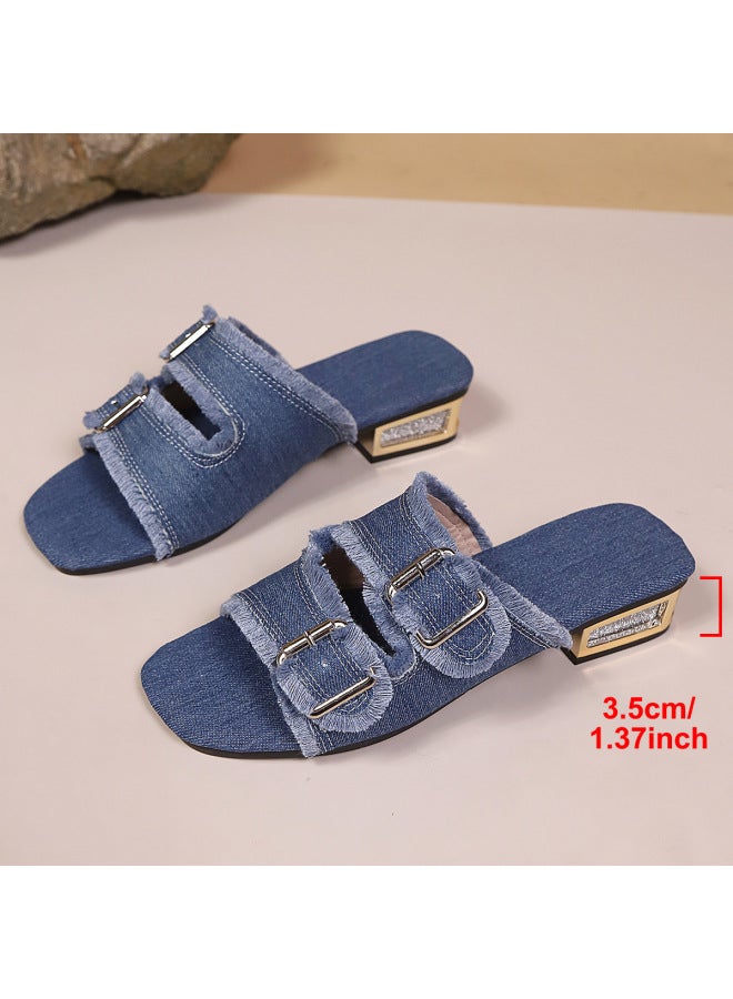 New Large Size High-heeled Denim Belt Buckle Slip-on Sandals For Women Summer Outdoor Casual Slippers