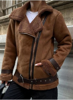 Generic Women turkish suede camel jacket with inner fur and leather belts  - Image 1