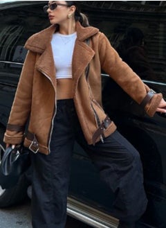 Generic Women turkish suede camel jacket with inner fur and leather belts  - Image 2