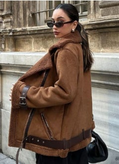 Generic Women turkish suede camel jacket with inner fur and leather belts  - Image 3