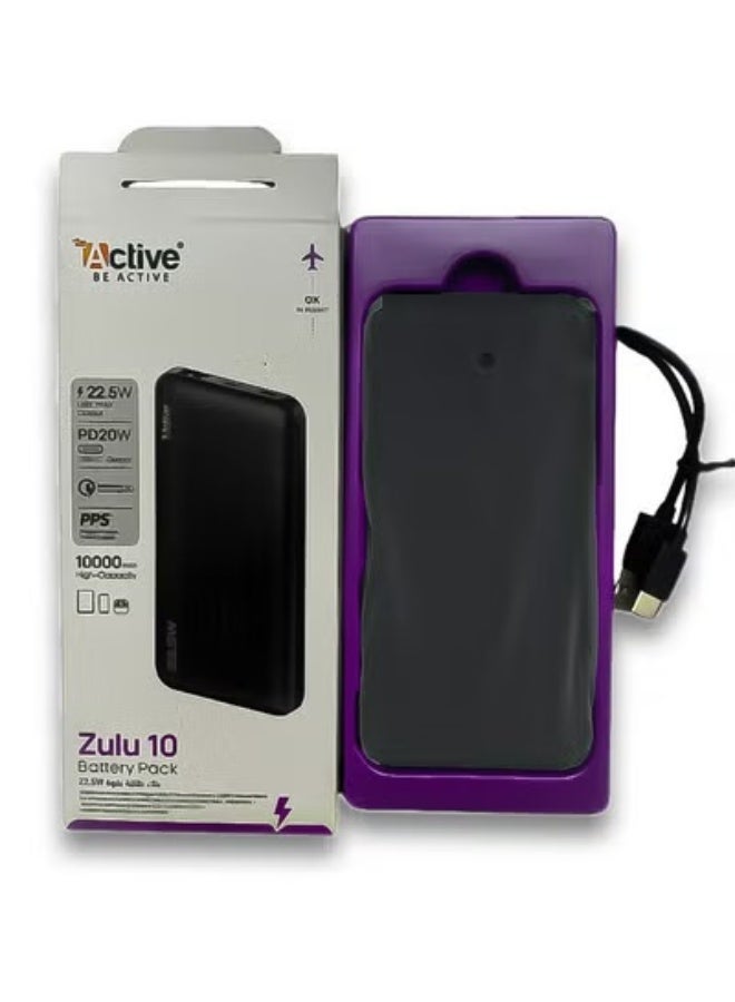 آكتف شاحن Active Zulu 10 المحمول: مخرج متقدم بقوة 22.5 وات، ومنفذ USB-C PD20W، وشحن سريع 3.0، وسعة 10000 مللي أمبير في الساعة لشحن موثوق به أثناء التنقل - Image 1