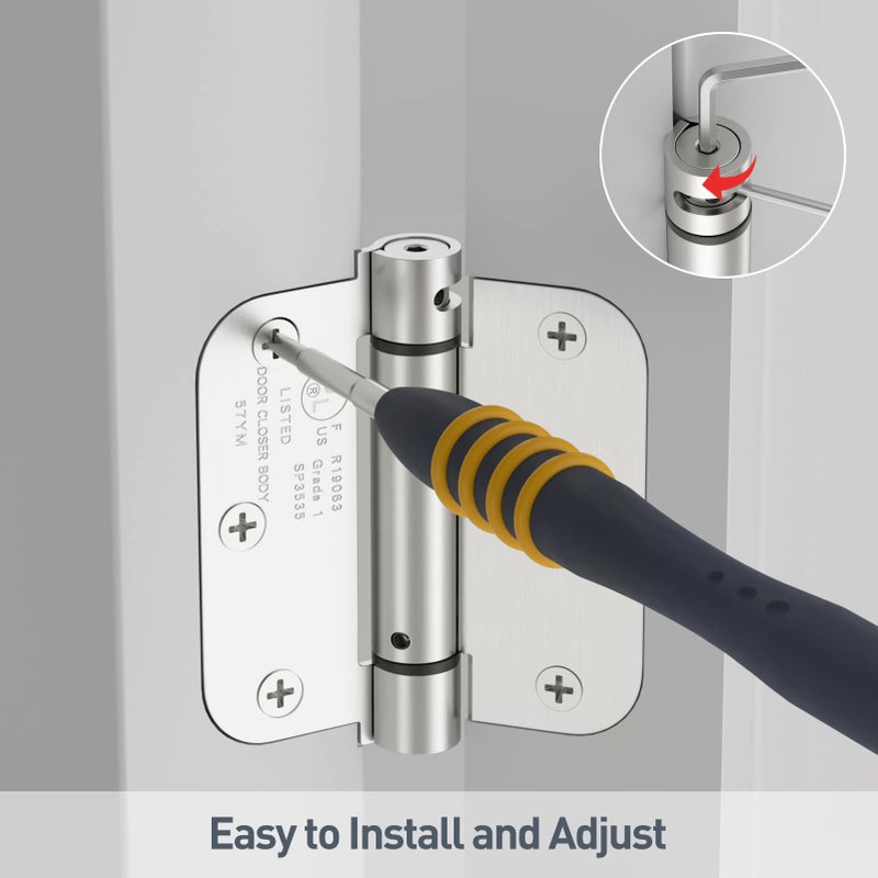Hosom Self Closing Door Hinge 3.5 Inch Spring Hinge Adjustable Tension For Interior Door Ul Listed For Left And Right Hand Door 5/8'' Radius Corners Brushed Nickel 4 Pack - Image 5